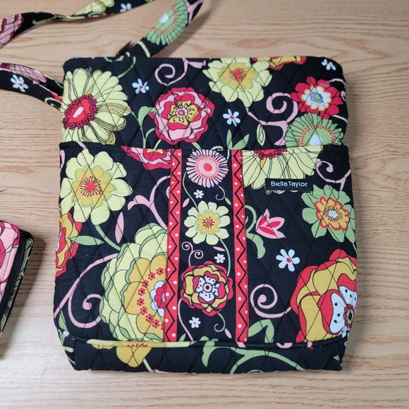Bella Taylor Quilted Fabric Black Floral Crossbody Shoulder Bag & Wallet Set Lot - Picture 5 of 16